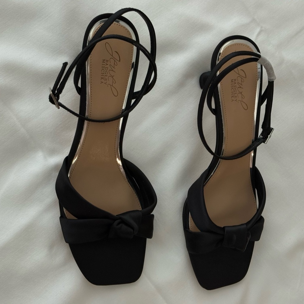 Jewel Badgley Mischka Black Satin Color Ankle-Strap Open Toe Heels NEW Size 8.5 - Picture 10 of 10